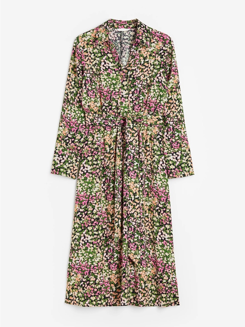 H&M Floral Long-Sleeve Tie-Waist Midi Dress in Green, Pink and Cream
